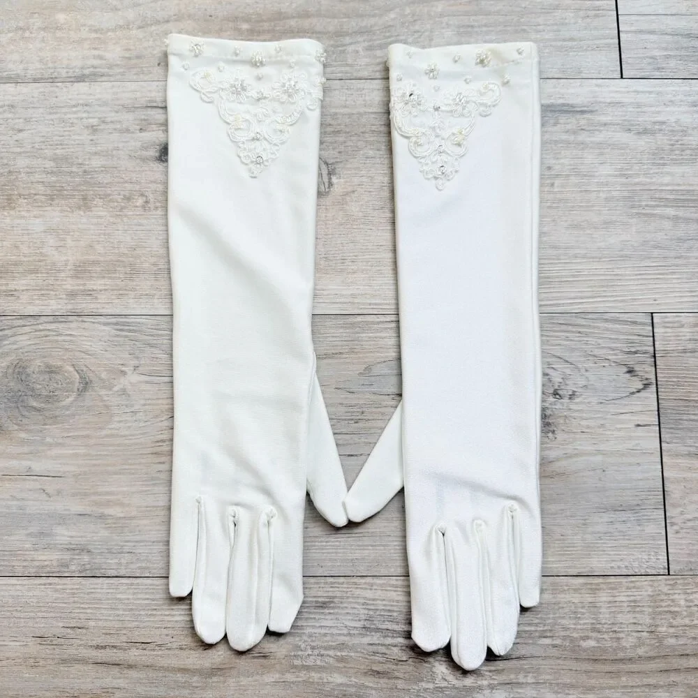 Vintage Bridal Gloves Ivory Beaded Lace Wedding Gloves Long Formal Opera Gloves
